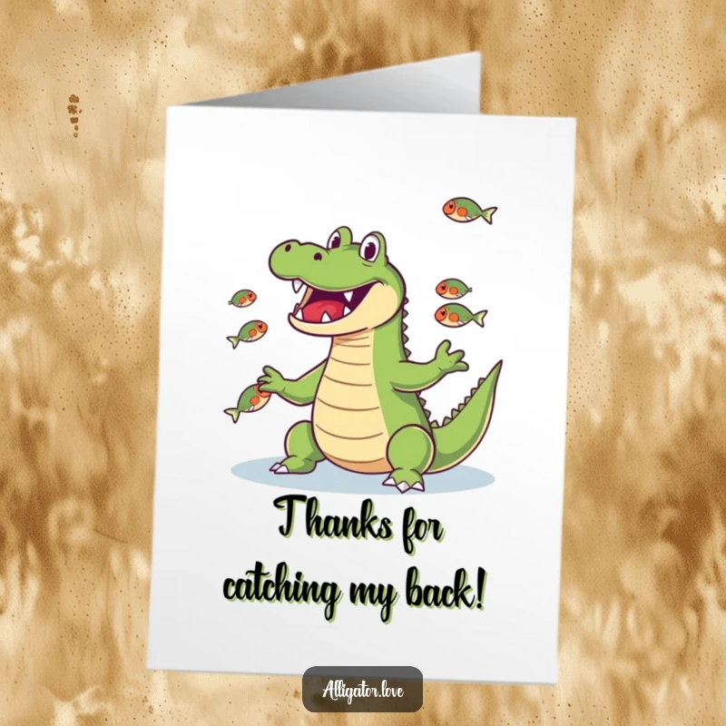 Funny Free Printable Thank You Card: A cheerful alligator juggles fish with its snout, offering sincere thanks.