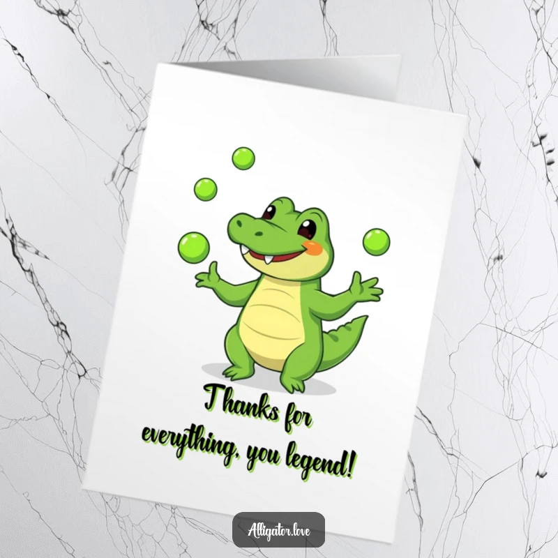 Funny Free Printable Thank You Card: a smiling alligator skillfully juggles, ideal for a humorous DIY gift.
