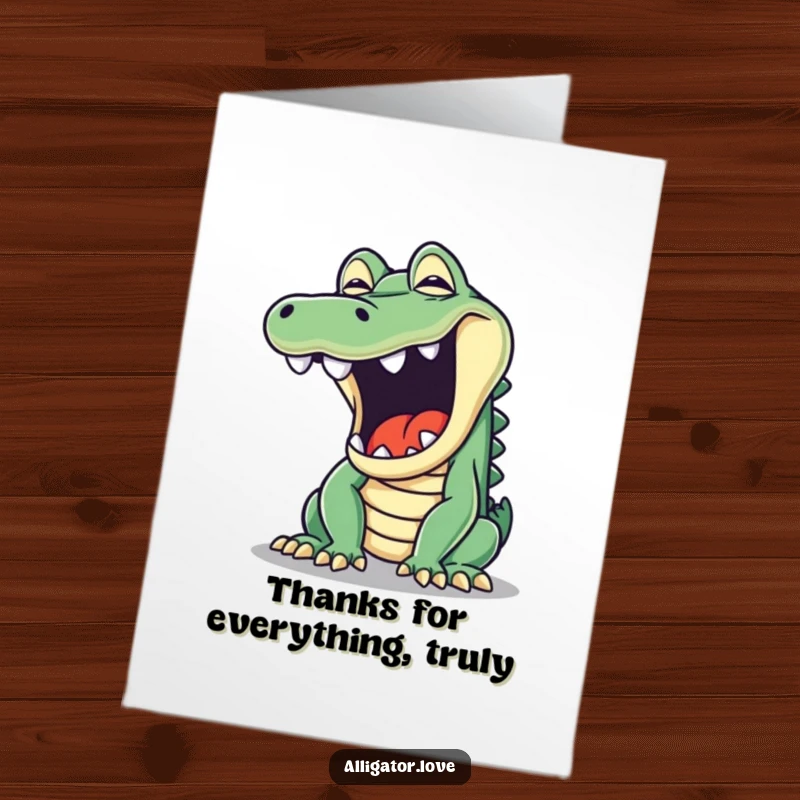 Funny Free Printable Thank You Card: An alligator with its jaw agape in a humorous, drawn-out yawn.