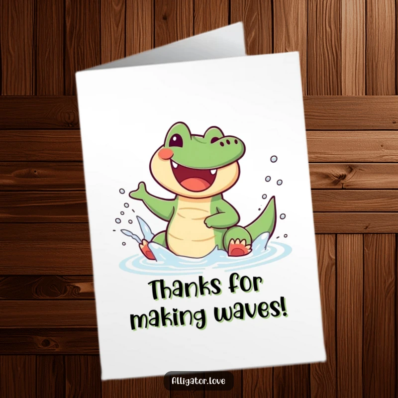 Funny Free Printable Thank You Card: a joyful alligator splashes water with glee, a fun and humorous DIY gift.