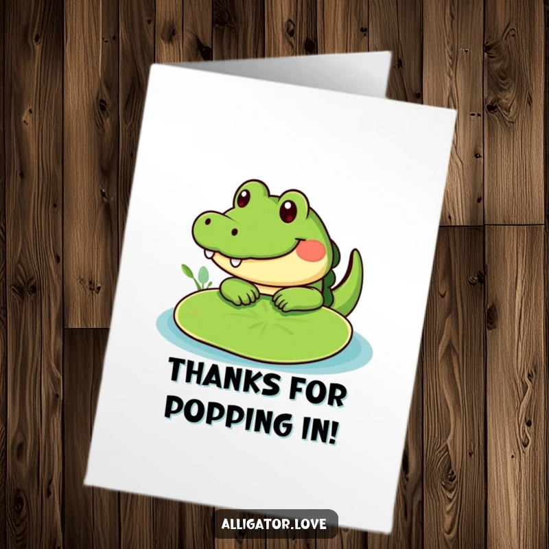 Funny Free Printable Thank You Card: A cute alligator peeks from behind a lily pad, offering sweet thanks.