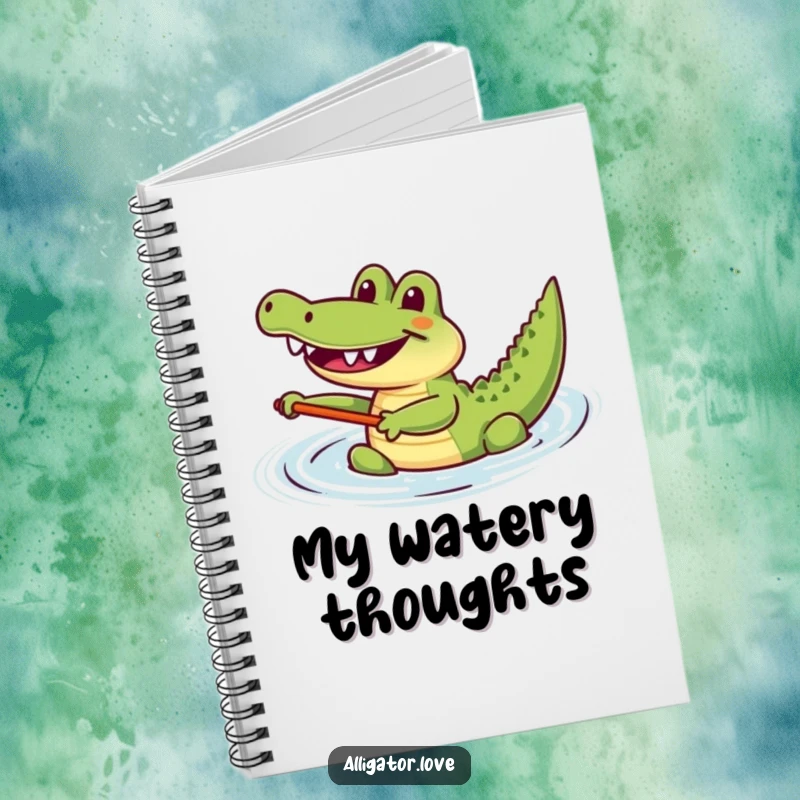 Funny joyful alligator happily paddling in the water, a humorous notebook for happy ideas.