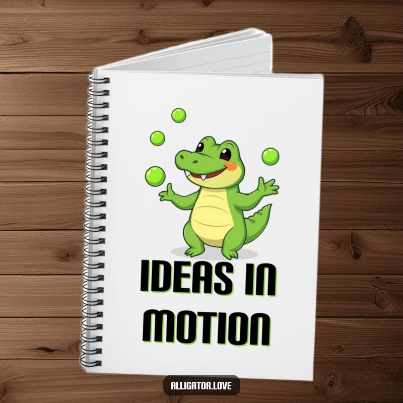 Funny alligator notebook with a smiling reptile juggling green balls, perfect for writing and drawing.