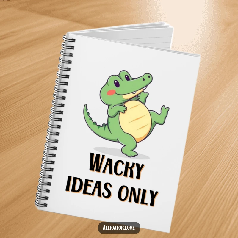 Funny alligator notebook with a cute reptile doing a cartwheel and smiling, ideal for notes and doodles.