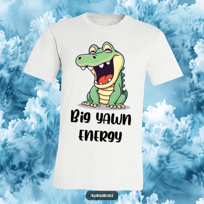 Funny t-shirt showcasing a mischievous alligator mid-yawn, mouth wide open, with a playful and slightly cheeky expression.