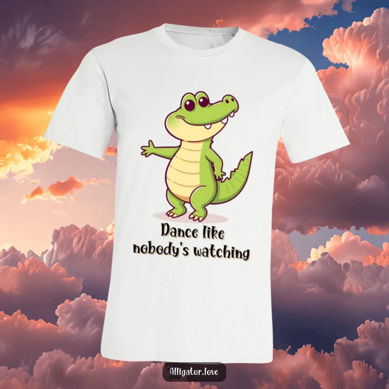 Funny t-shirt showcasing a happy alligator doing a lively dance with its tail swishing, conveying infectious energy and fun.