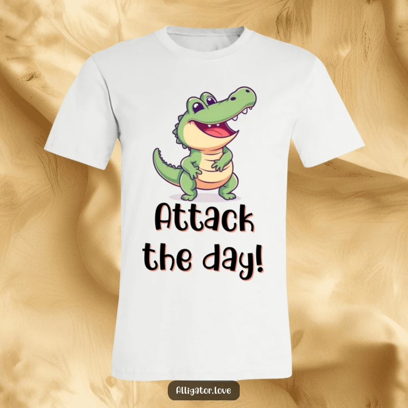 Funny alligator t-shirt illustrating an excited reptile lunging playfully with a beaming, happy, and eager face.