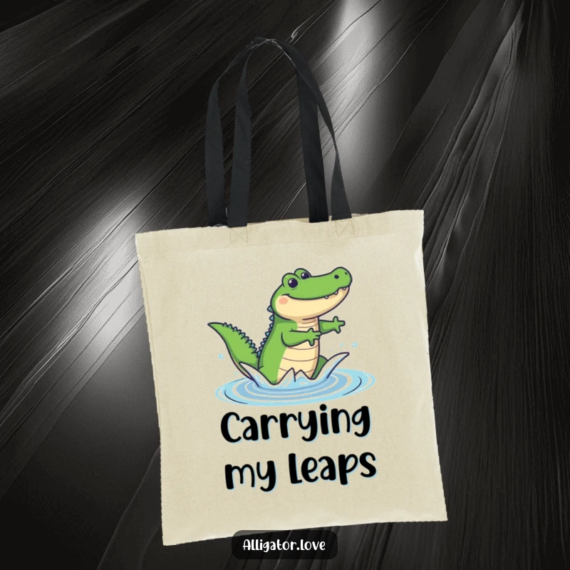 Funny tote bag featuring a joyful alligator in a playful leap, perfect for carrying groceries or beach gear with humor.