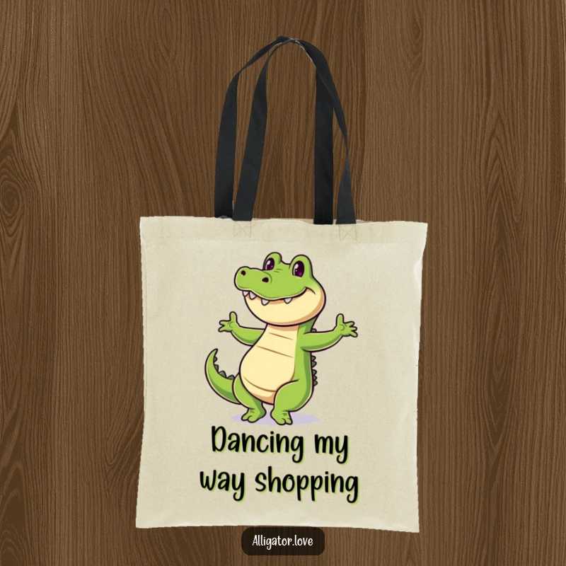 Funny alligator tote bag displaying a cheerful reptile doing a happy dance with a wide, infectious grin.