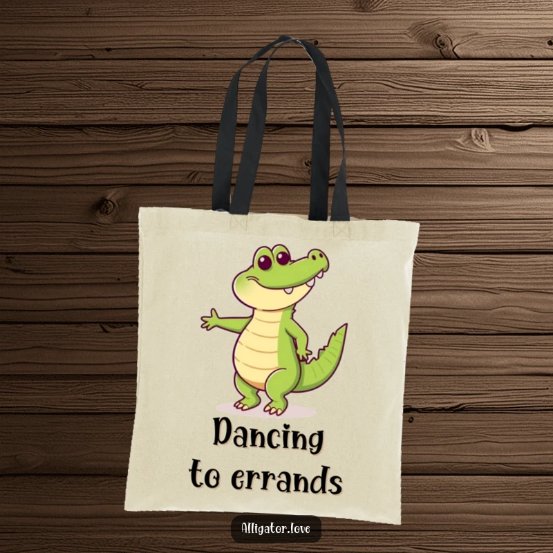 Funny tote bag featuring a happy alligator dancing with its tail wagging, adding a playful and rhythmic touch to everyday use.
