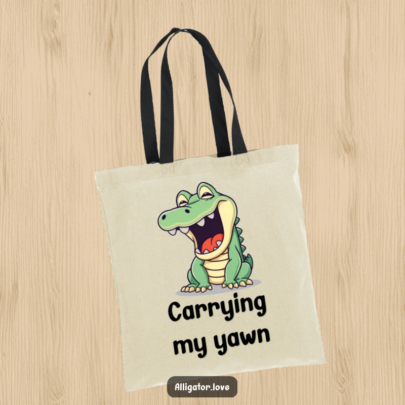 Funny tote bag featuring a mischievous alligator opening its jaw wide in a comically large yawn, perfect for everyday use.