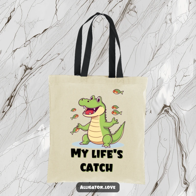 Funny alligator juggling fish skillfully with its snout, a humorous and practical tote bag.